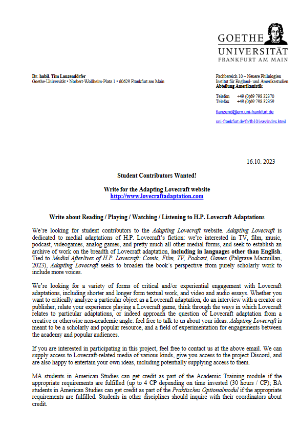 IEAS AS Call for Students Lovecraft Adaptation