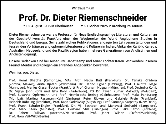 Obituary Prof. Dieter Riemenschneider